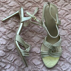 Stuart Weitzman Gold Leather Strappy Sandals with 4.5” Heel, Size 12